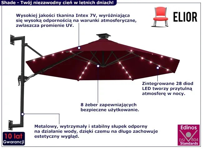 Burgundowy parasol ścienny z LED Sontu