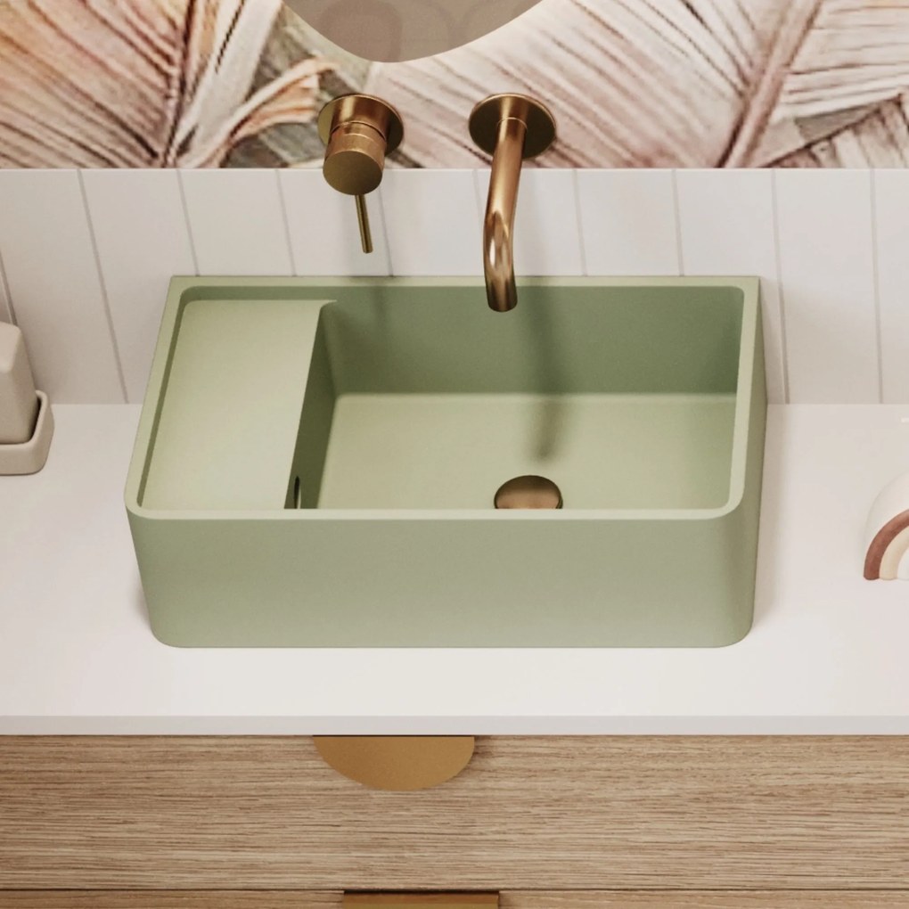 Umywalka z kamienia syntetycznego nablatowa / wisząca prostokątna zielona 43 cm x 25 cm EVELIA Green : Otwór na baterię - Nie, Typ montażu - nablatowa