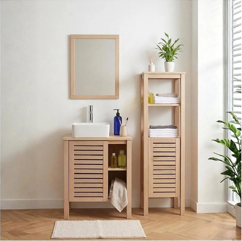 Zestaw 60cm dąb: umywalka, bateria, lustro i kolumna TALIX
