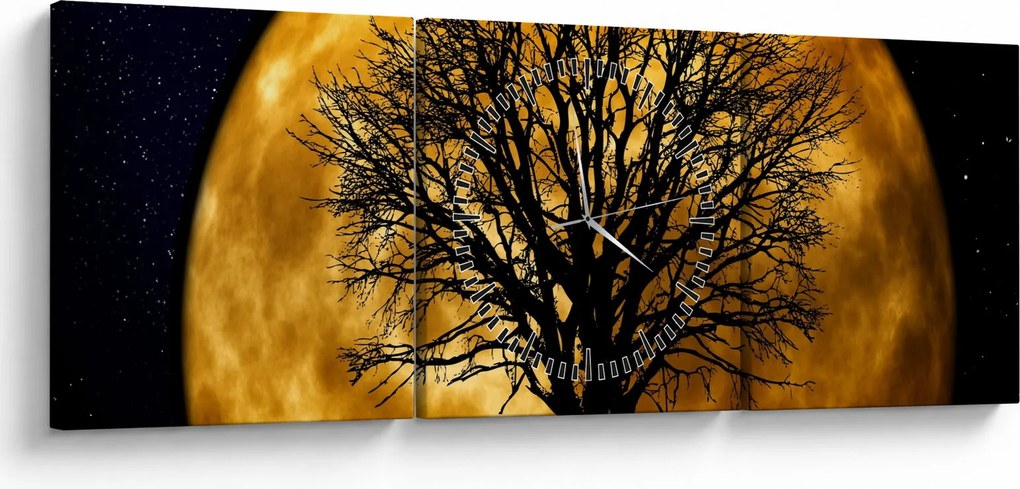 Obraz księżyca i sylwetki (z zegarem) (90x30 cm)
