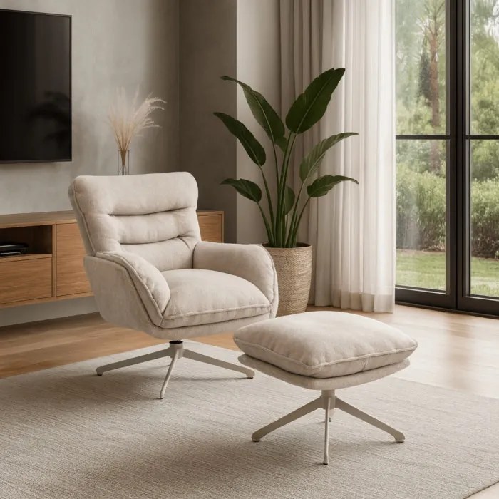 Fotel Wypoczynkowy Obrotowy PASADENA z Podnóżkiem Kremowy Nowoczesny