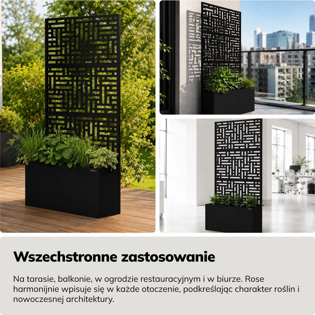 Pergola ogrodowa metalowa z donicą czarna 3in1, 900 × 1800 × 300 mm: ROSE