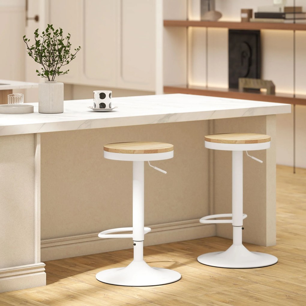 HOMCOM Stołki barowe 2 szt., regulowane, obrotowe 360° z ramą stalową i podnóżkiem 38,5x38,5x60-80 cm Drewno naturalne+Biały | Aosom PL