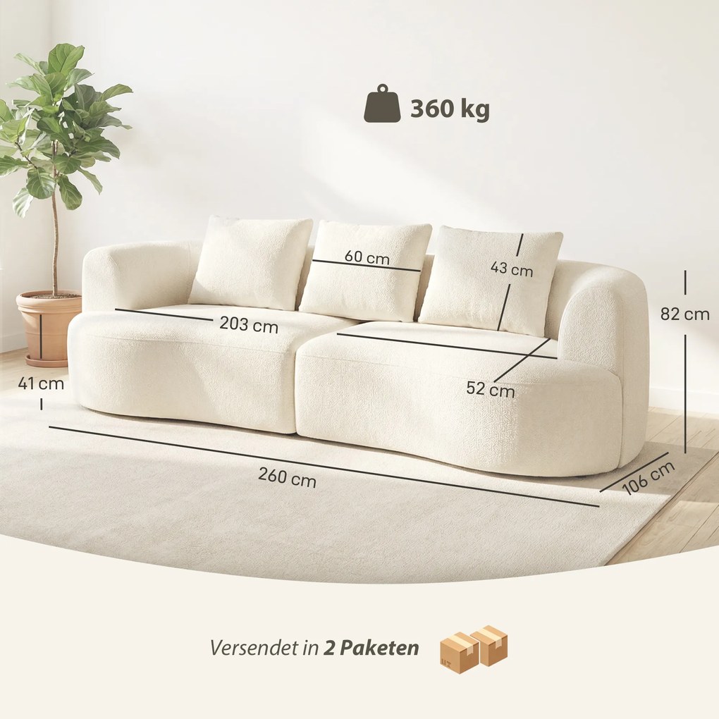 HOMCOM Sofa 3-osobowa, 260 cm sofa chenille z szerokim siedziskiem, sprężyny kieszeniowe, pianka o wysokiej gęstości, 3 poduszki, kremowa biel | Aosom PL