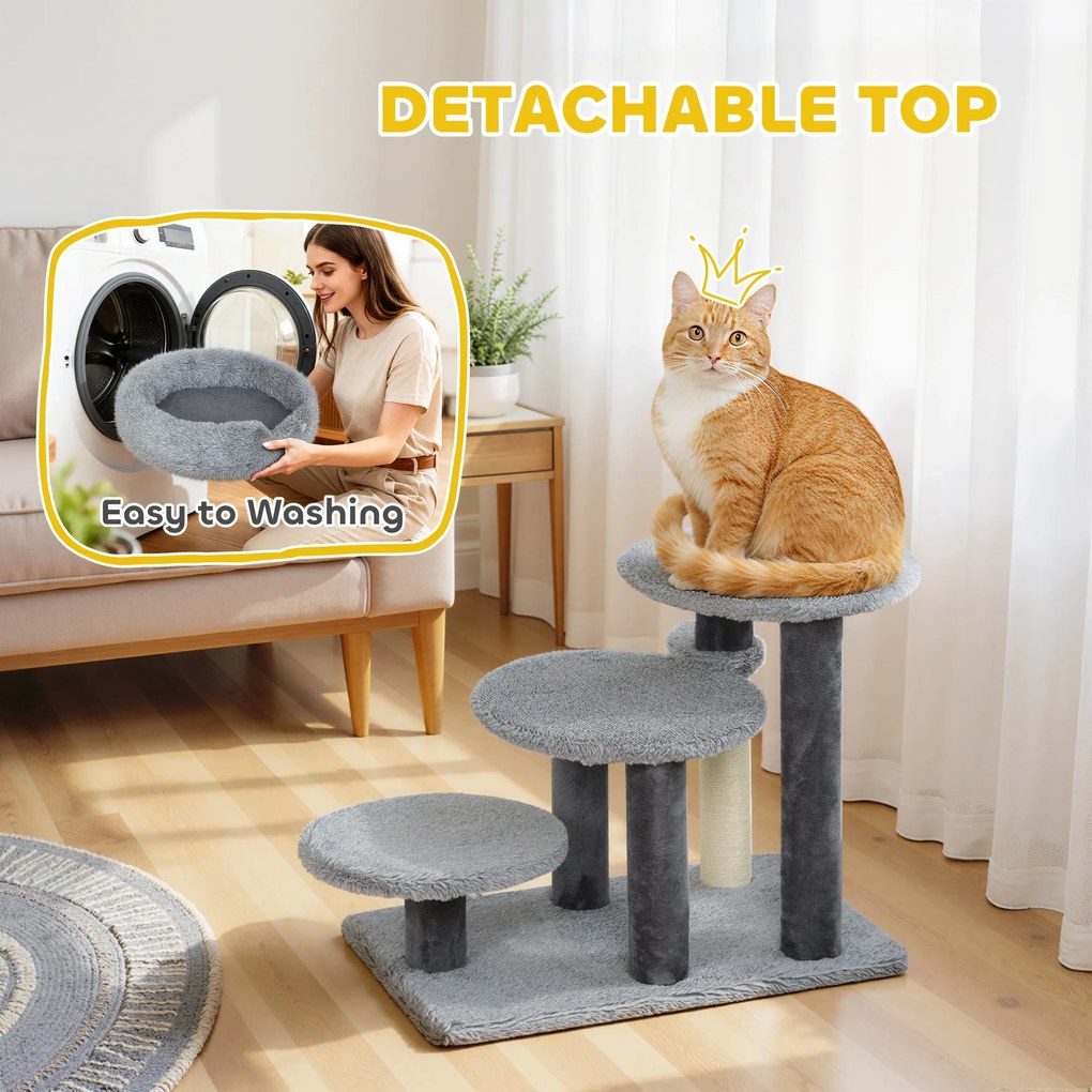 PawHut Drapak i schody dla kota, szeroka podstawa, materiał pluszowy, słupek do drapania z sizalu, szary