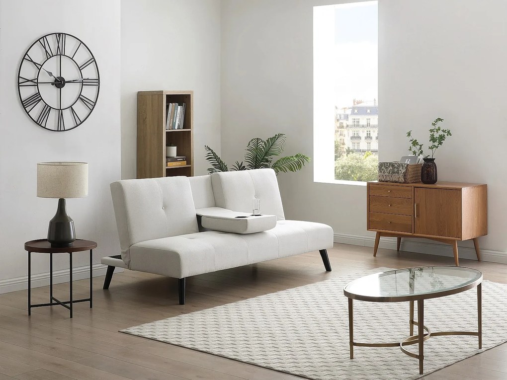 Kanapa rozkładana  3-osobowa z beżowego materiału z półką CLOSIPA