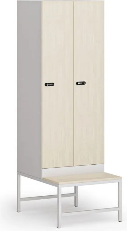 Szafka ubraniowa S1 z ławką, 2-drzwiowa, 1875 x 600 x 500/800 mm, demontaż, zamek mechaniczny z kodem, drzwi laminowane, brzoza