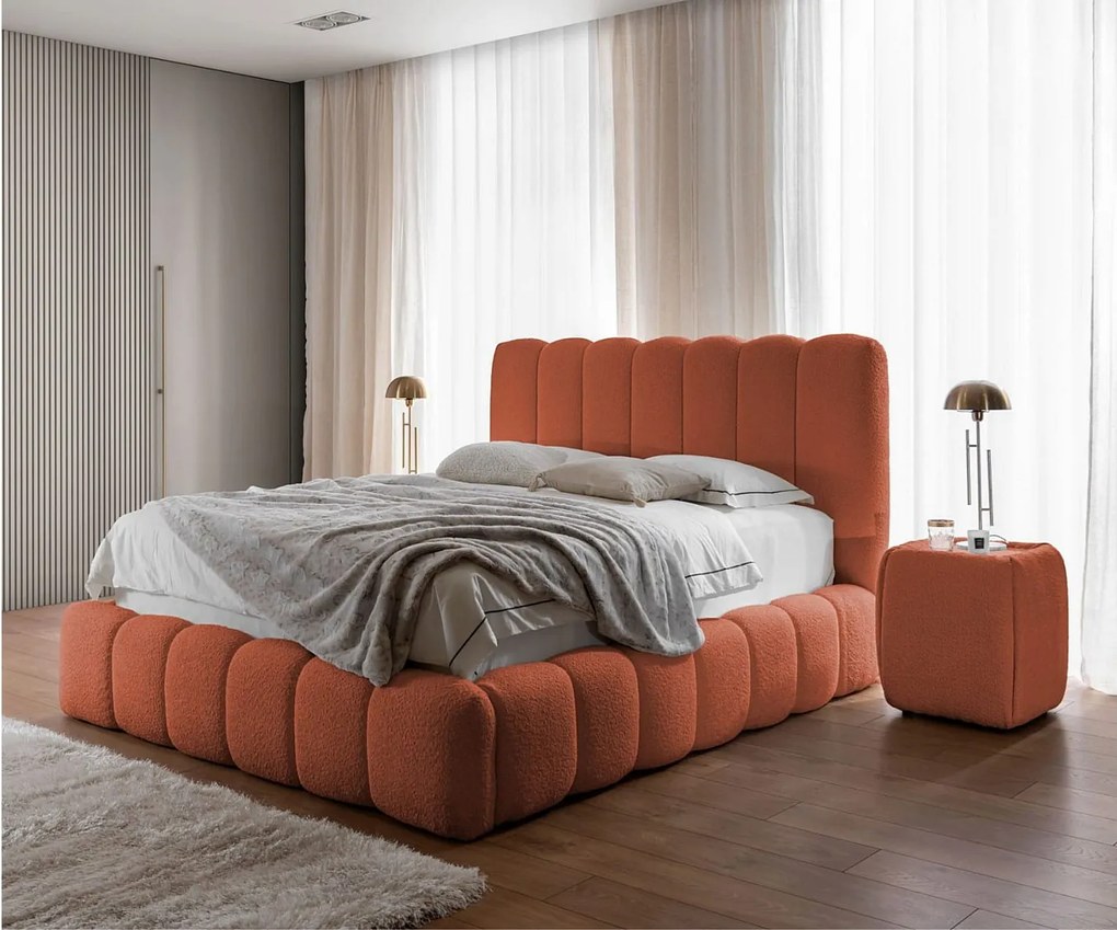 FURNISTAR Łóżko tapicerowane CHLOE z pojemnikiem 160x200|Łóżko dwuosobowe z pojemnikiem i stelażem|Wygląd boxspring|bez materaca|do sypialni-pomarańczowy