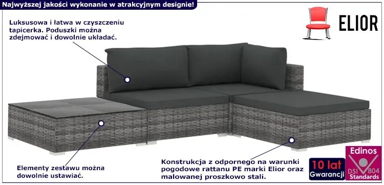 4-częściowy szary zestaw wypoczynkowy do ogrodu - Owis 4A