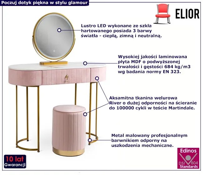 Różowa toaletka z pufą i lustrem glamour - Erton 3X