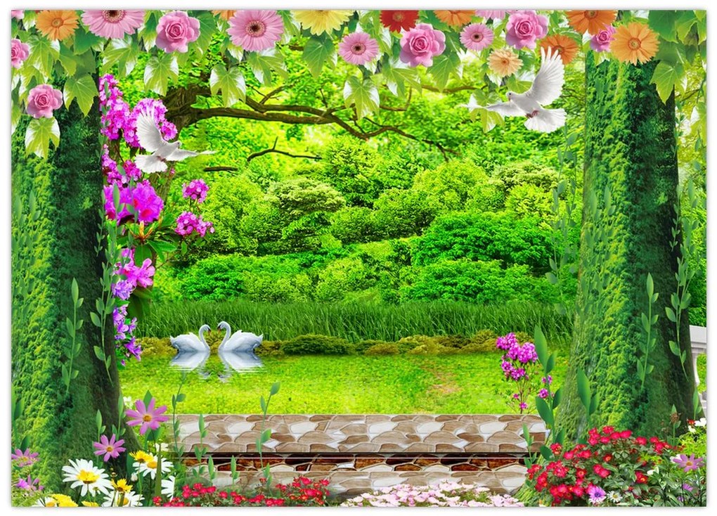 Obraz na szkle - Magiczny ogród z łabędziami (70x50 cm)