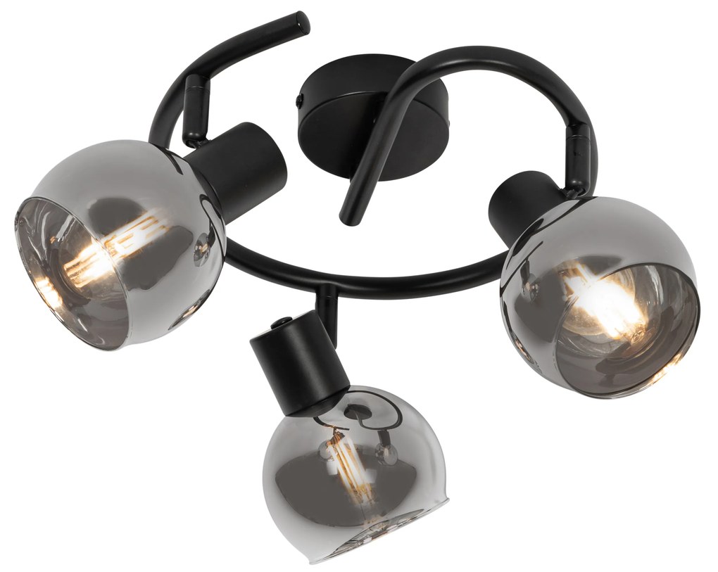 Lampa sufitowa art deco czarna z przydymionym szkłem 3-punktowa okrągła - Vidro ArtDeco Oswietlenie wewnetrzne