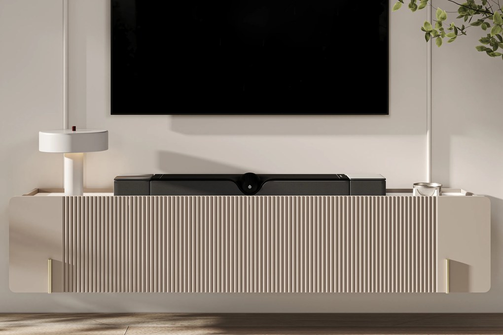 Szafka RTV Malmi 200 cm wisząca - kaszmir / crema bianca / złoty