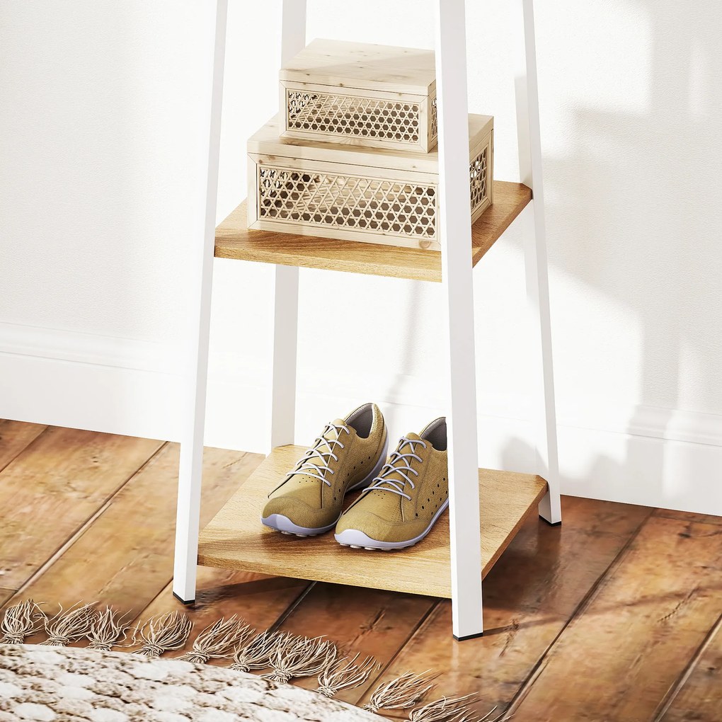 HOMCOM Wieszak na ubrania, design trapezowy, trzypoziomowy, 8 podwójnych haczyków, stalowy, Biały+Dąb