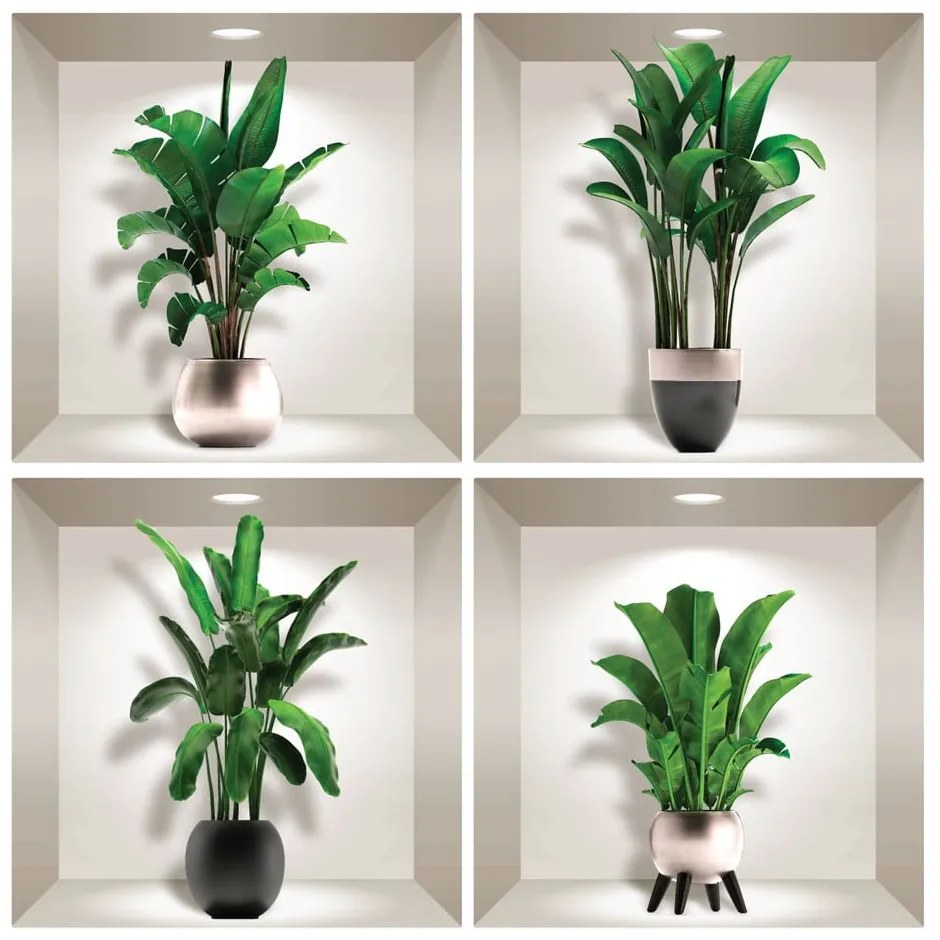 Komplet 4 naklejek ściennych 3D Ambiance Exotic Palm Leaves