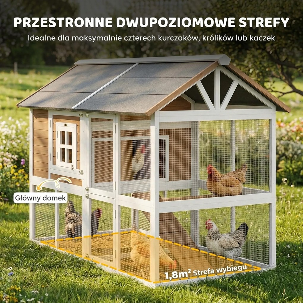 PawHut Kurnik z wybiegiem, gniazdem lęgowym, wysuwaną tacą i wodoodpornym dachem, dla 4 kur, 200 x 104 x 145 cm, drewno, brązowy | Aosom PL