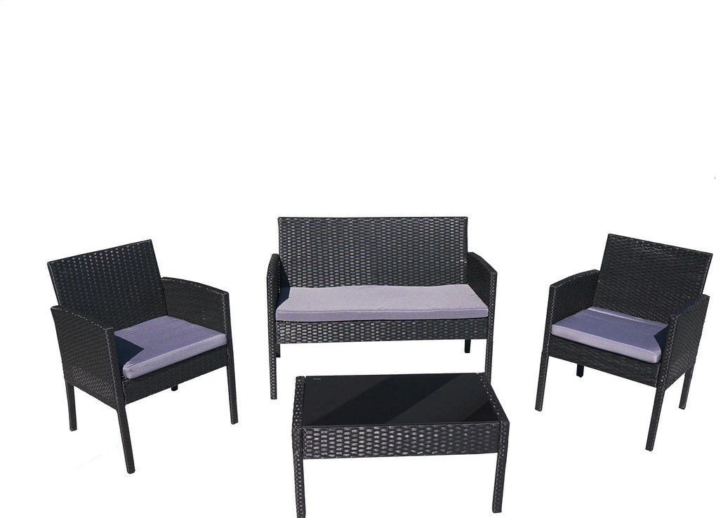 Meble Ogrodowe RIMNI Zestaw Sofa Fotel Stół na Taras Ogród TECHNORATTAN Czarny Szare Komfortowe Poduszki
