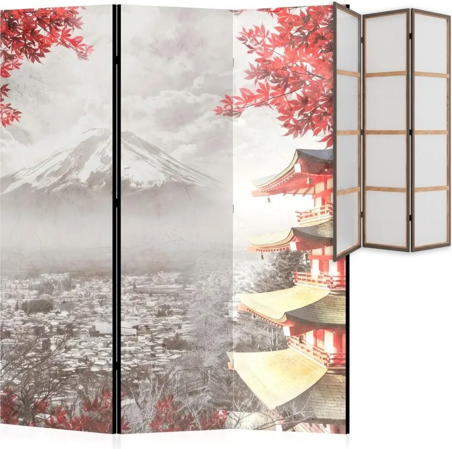 Parawan pokojowy 3-częściowy 135x172 Jednostronny dekoracyjny japandi vintage Szary Fuji I Pagoda