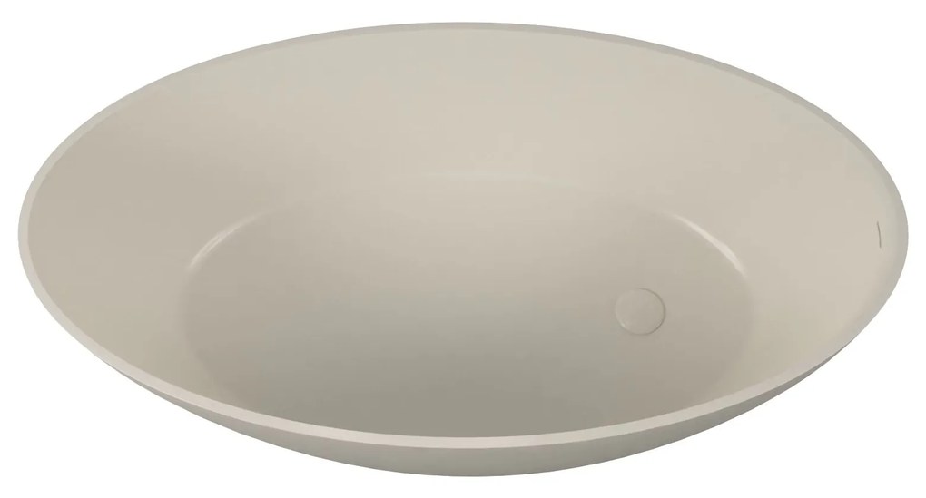 Wanna wolnostojąca owalna beżowa błyszcząca z konglomeratu 160 x 85 cm KALMI BEIGE GLOW z przelewem SLIM cienki rant