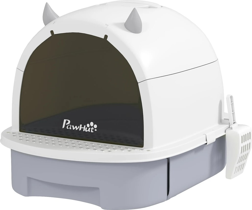 PawHut Kuweta z pokrywą kuweta dla kota z szufelką wysuwaną szufladą pedałem wejściowym dla kotów do 5 kg 40,5x52x39 cm Szara | Aosom PL