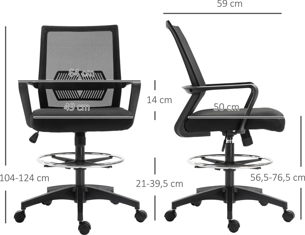 Vinsetto Krzesło biurowe, regulowane krzesło biurkowe z podnóżkiem, oparcie z siatki, na kółkach, tworzywo sztuczne, Czarne