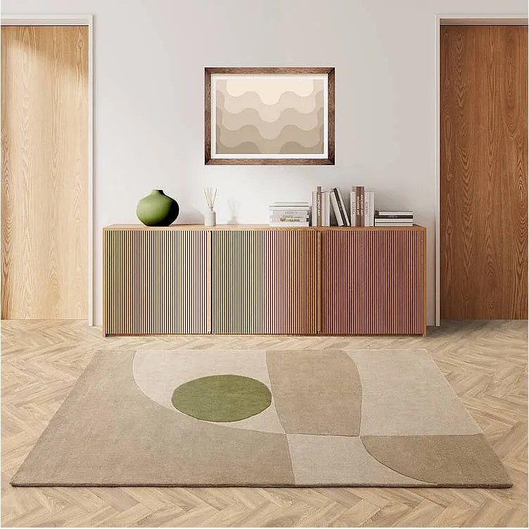 Dywan w stylu mid-century, ręcznie wykonany z 100% wełny - 120x170cm - kremowy, beżowy, zielony - Reef Horizon