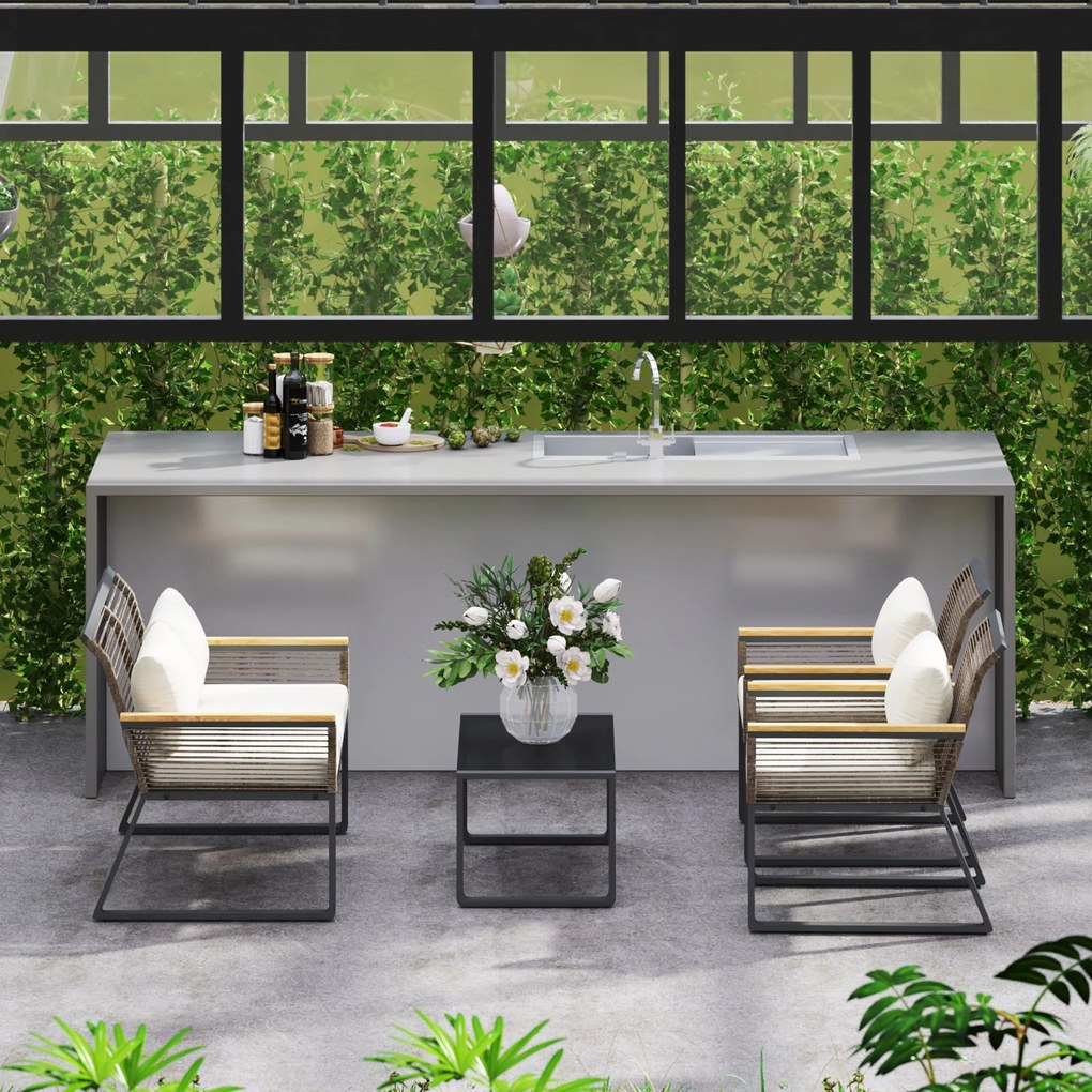 Outsunny Zestaw mebli ogrodowych Polyrattan dla 4 osób wodoodporny Zestaw balkonowy z sofą dla 2 osób, 2 krzesła Stolik z hartowanego szkła Poduszki Beżowy