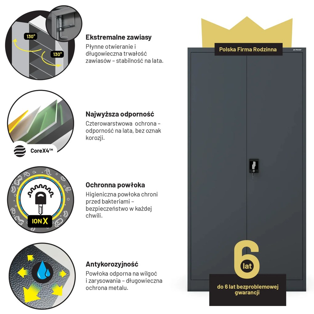 Biurowa szafa metalowa na akta JAN, 900 x 1850 x 400 mm, antracytowa