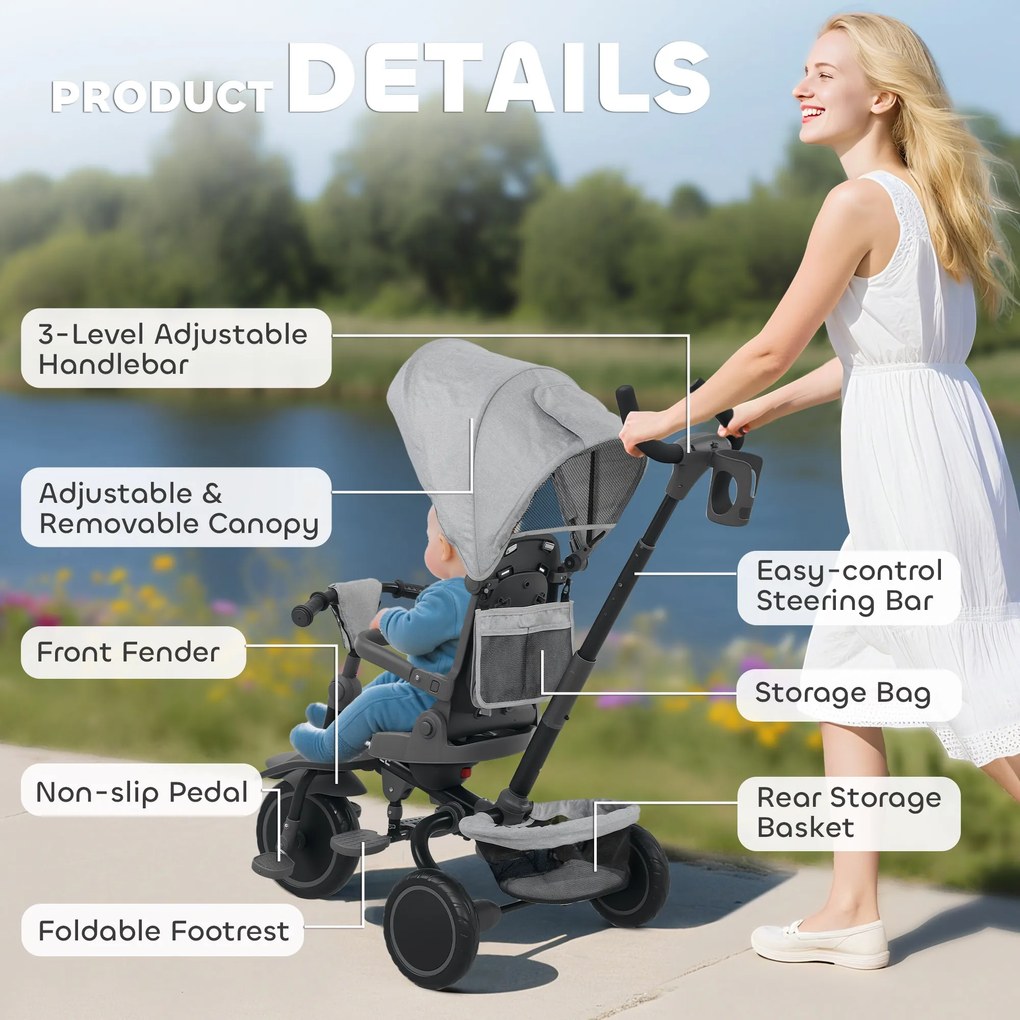 AIYAPLAY Dziecięcy trójkołowiec 6-w-1, wózek dla maluchów z uchwytem do pchania, regulowane siedzisko, składana konstrukcja, siatka zabezpieczająca, szary