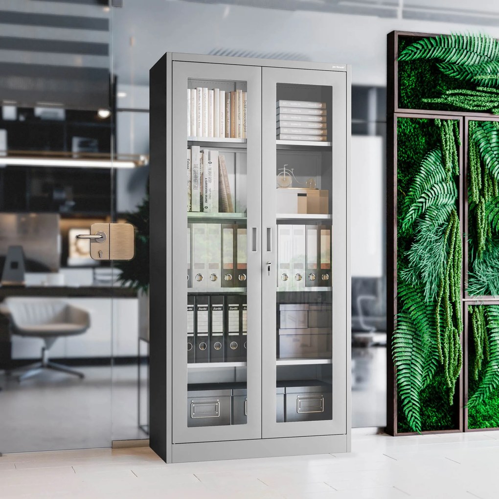 Szafa ze szklanymi drzwiami z szybami AMELIA, 900 x 1850 x 400 mm, szara