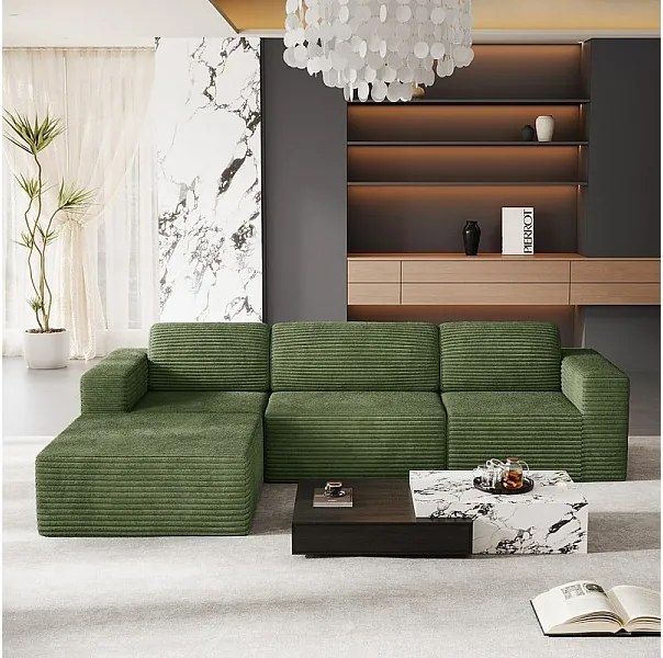 Modułowa Sofa 3-osobowa z pufą - w Welurze Żebrowanym - narożnik odwracalny - Zielony - 303x202x82cm