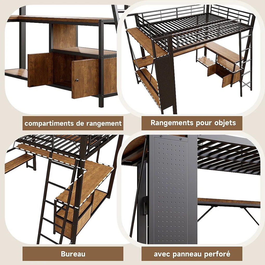 Łóżko piętrowe dla dzieci - 140 x 200 cm - rama żelazna - z diodami LED + biurko + półka + port USB - metalowe - czarne