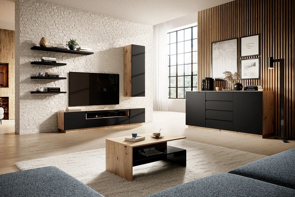 Szafka RTV Loftia 200 cm dwudrzwiowa z wnęką - artisan / czarny mat