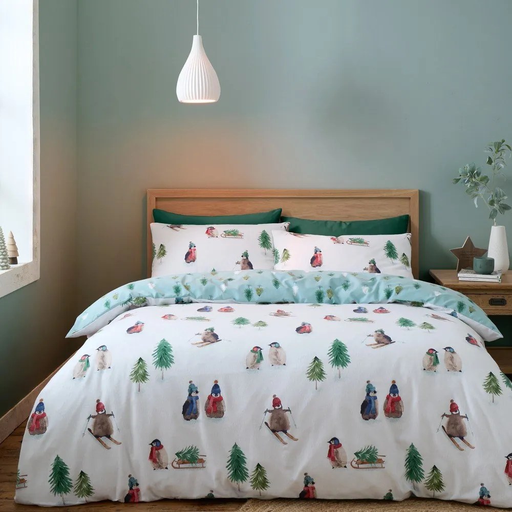 Biała flanelowa pościel dwuosobowa 230x220 cm Snowy Penguin – Catherine Lansfield