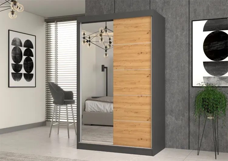 Szafa przesuwna z lustrem 120 cm dąb artisan antracyt D7-T81