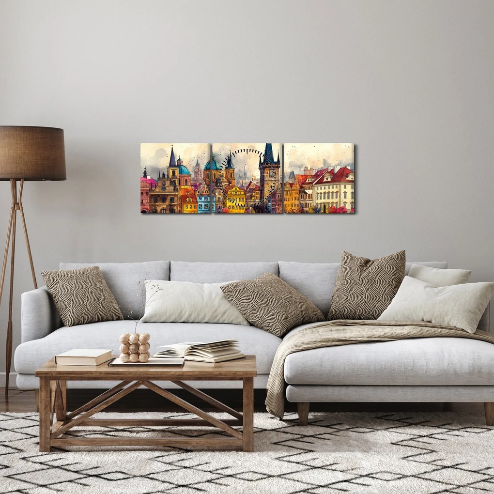 Obraz - Jesień w malowanym mieście (z zegarem) (90x30 cm)