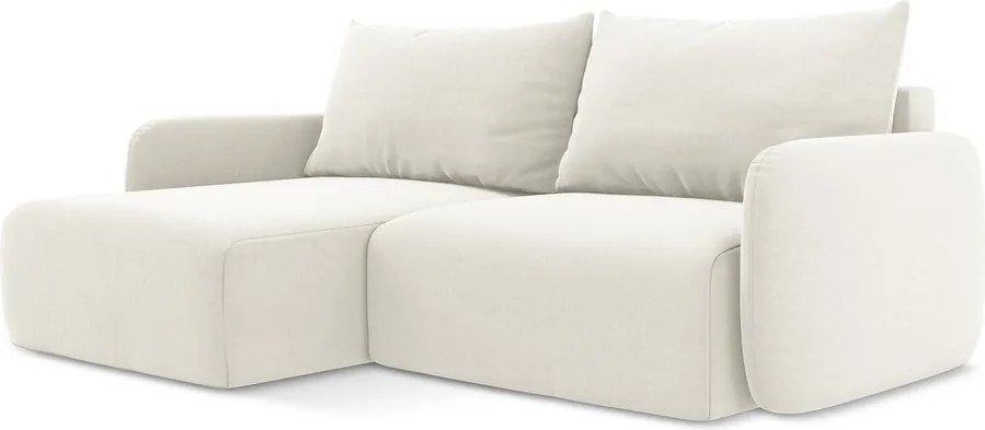 Kremowy aksamitny rozkładany narożnik ze schowkiem (lewostronny/z szezlongiem) Kalena – Makamii