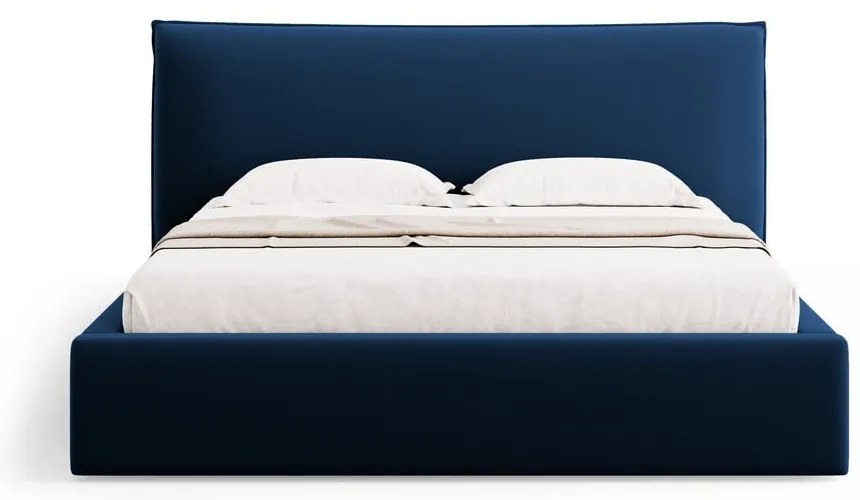 Ciemnoniebieskie tapicerowane łóżko dwuosobowe ze schowkiem i stelażem 160x200 cm Elio – Milo Casa