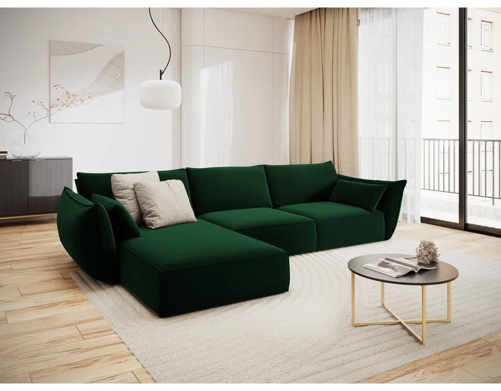 Ciemnozielony aksamitny narożnik (lewostronny/z szezlongiem) Vanda – Mazzini Sofas
