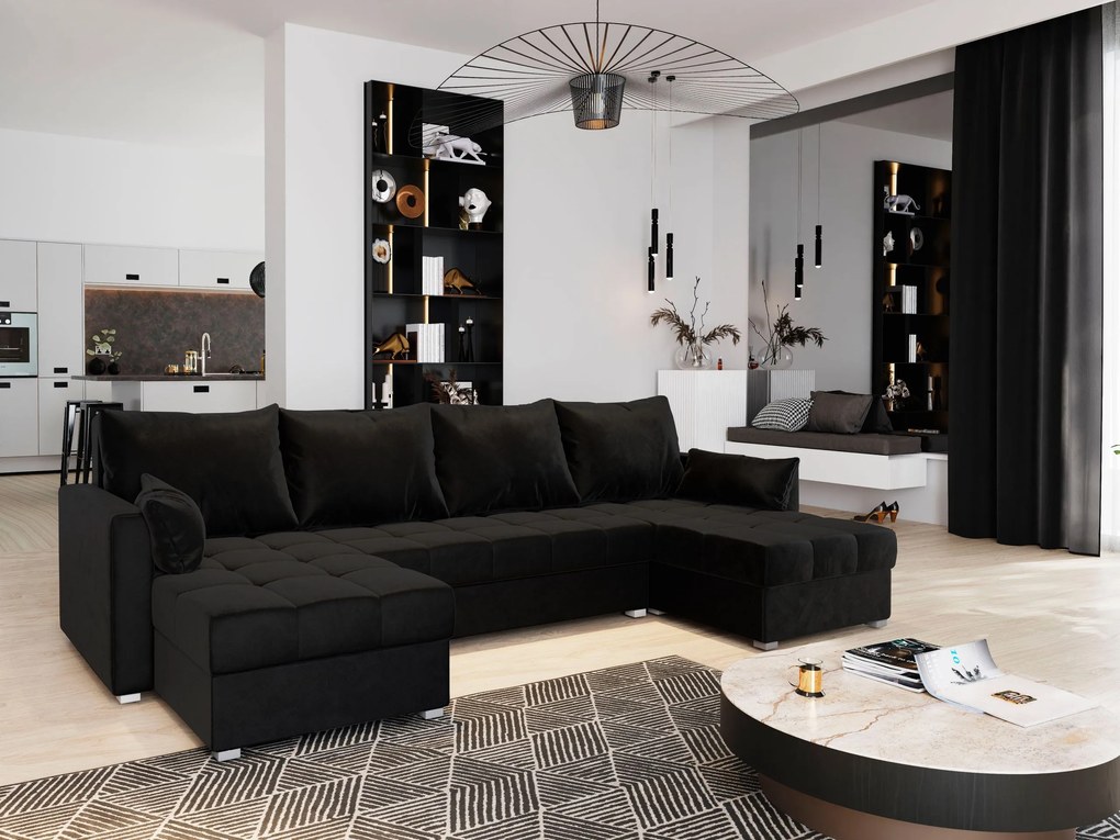Masseno Narożnik NAKO z funkcją spania i pojemnikiem na pościel Narozniki U, Rozkładana sofa - Czarny, KRONOS 07