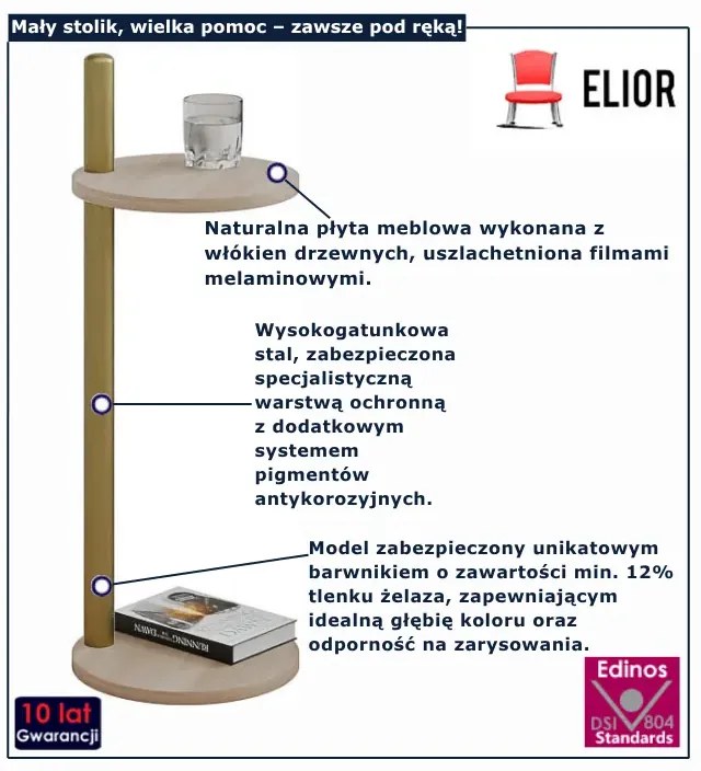 Pomocniczy stolik z okrągłym blatem dąb sonoma + złoty  S6-E59