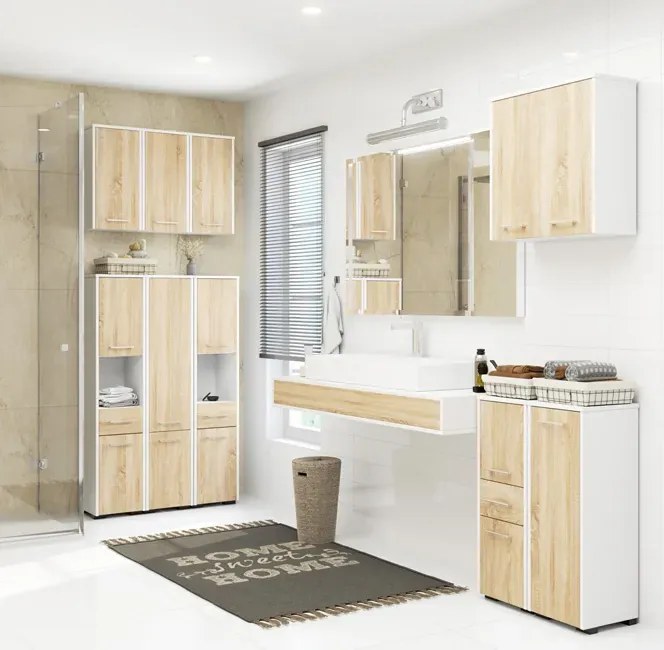 Niski regał łazienkowy z półkami biały + dąb sonoma N8-M07