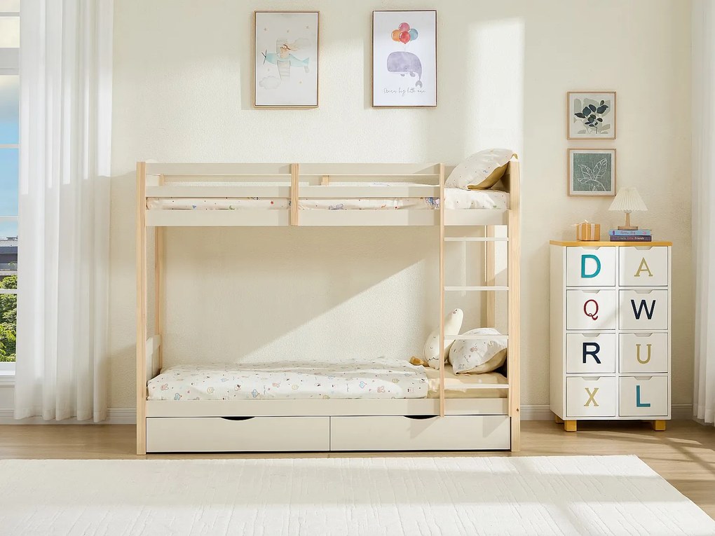 Łóżko piętrowe 2 x 90 x 200 cm - 2 szuflady - Sosna i MDF - Beżowy i naturalny - LIMODARA