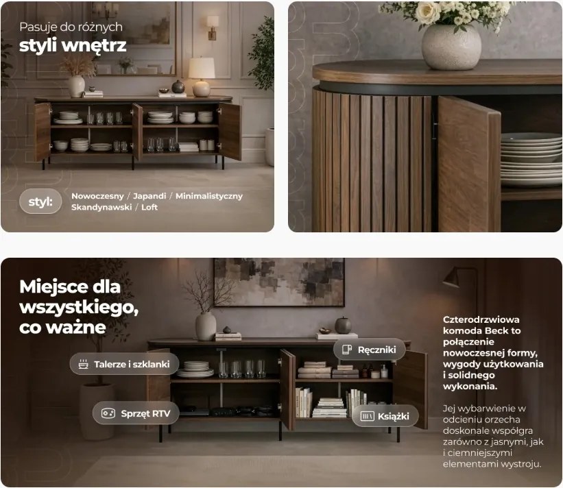 Owalna komoda z ryflowanymi wstawkami Beck 200 cm, orzech