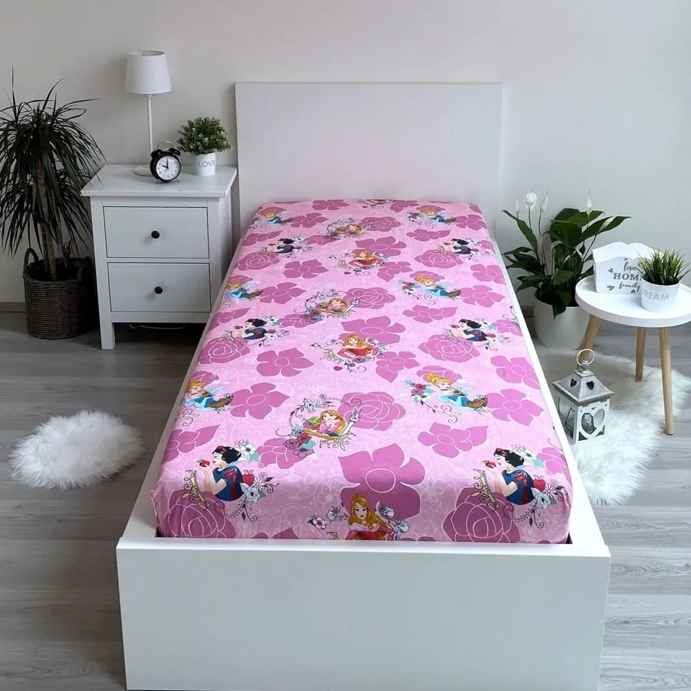 Różowe bawełniane prześcieradło dziecięce z gumką 90x200 cm The Pincesses "Pink" – Jerry Fabrics