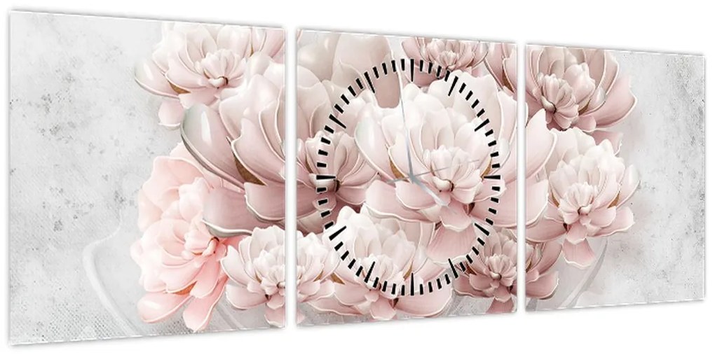 Obraz - Różowe kwiaty na ścianie (z zegarem) (90x30 cm)