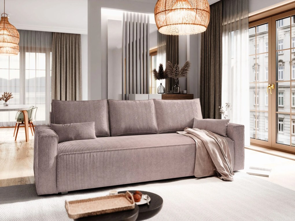 Masseno Sofa MENI z funkcją spania i pojemnikiem na pościel, Rozkładana sofa - Wrzosowy, POSO 130