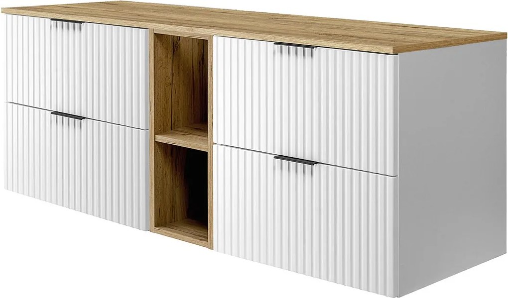 Szafka pod umywalkę, Biały / Dąb Craft + czarny uchwyt, 140 x 57 x 46 cm + Blat