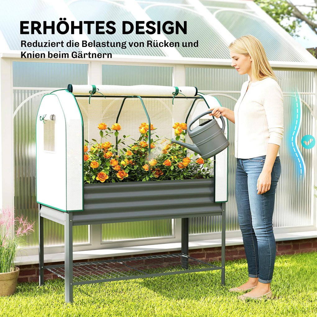 Outsunny Podwyższona grządka z nakładką szklarniową z metalu, skrzynia do sadzenia z półką, podwyższona 120 x 55 x 140 cm | Aosom PL