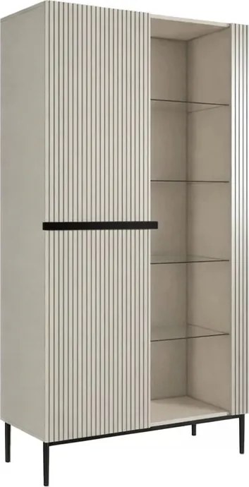 Witryna Nicole 100 cm z ryflowanym frontem - kaszmir / czarne nóżki